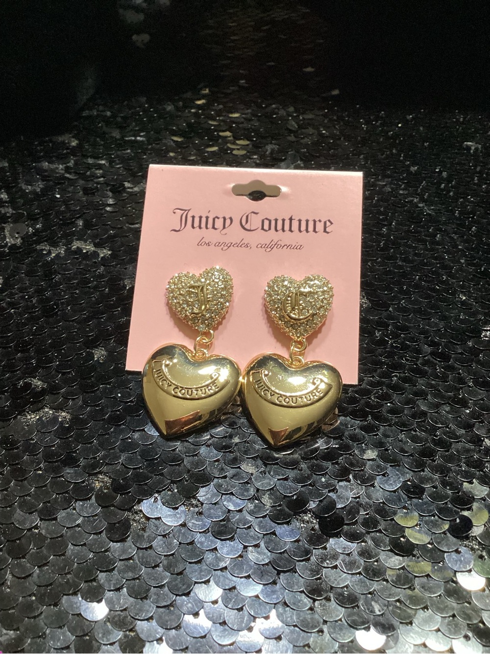 Juicy Couture Gold Heart Drop Earrings with Pave Tops